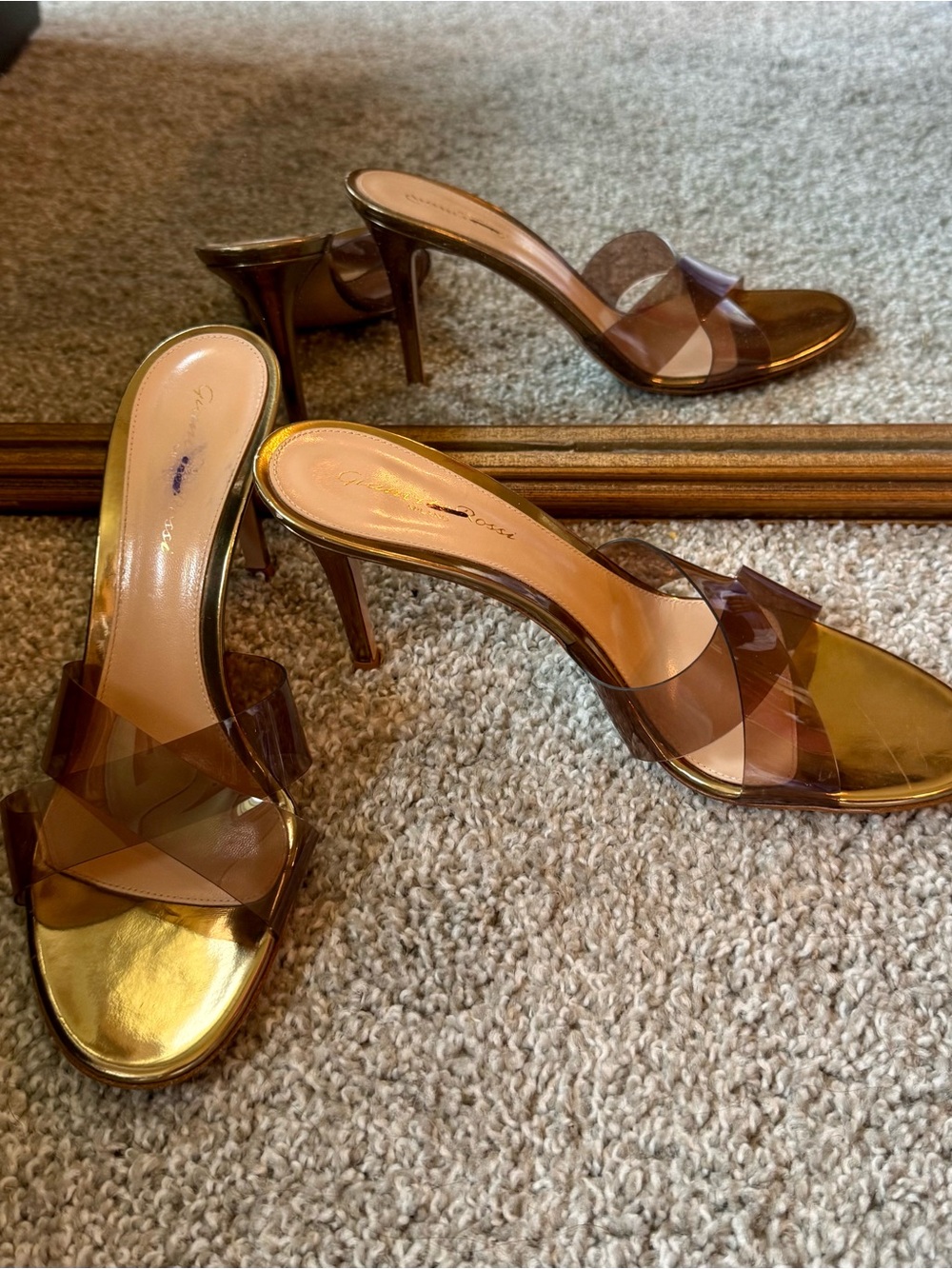 Gianvito Rossi PVC Clear Strap Heeled Mules Size 39 Smoke Gold